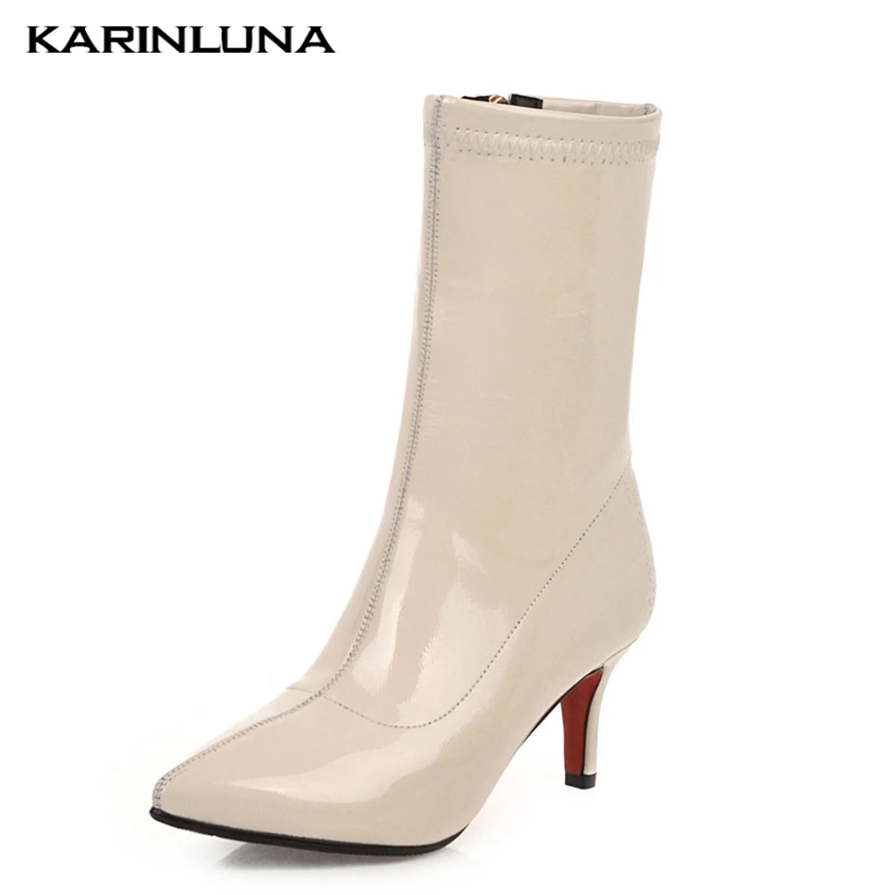 

Karinluna Brand Plus Size 32-43 Pointed Toe Lady Thin High Heels Shoes Woman Party Sexy Mid Calf Boots Women Shoes