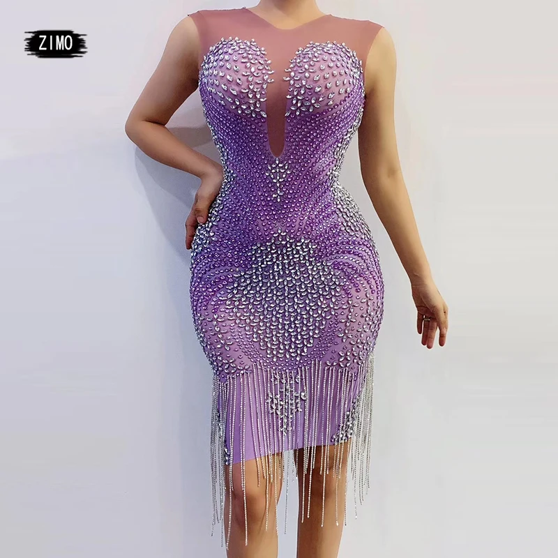 Sparkly Crystals Bodycon Purple tassel 