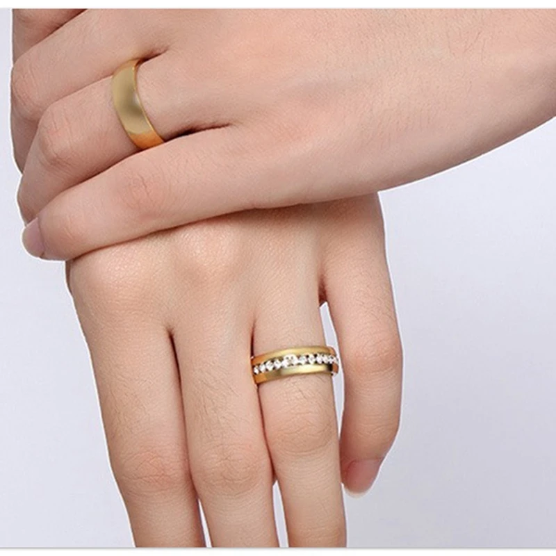 Gold Color Lover Crystal Stainless Steel Rings For Men Women Wedding Band Engrave Name Charm Gift crystal rings gold rings wedding rings couple rings stainless steel rings finger rings metal rings