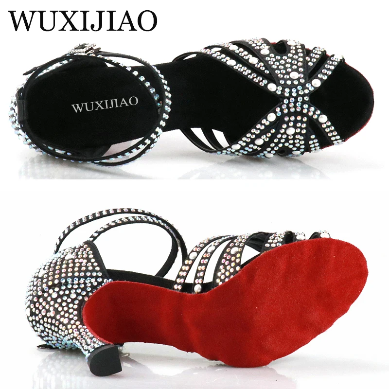 WUXIJIAO Women Latin Dance Shoes Rhinestones Soft Bottom Salsa Shoes For Dancing Ladies Sandals Women's Wedding Hight Heels 7.5C 5