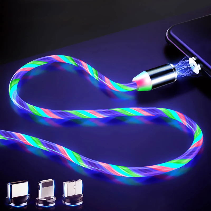 

LED Glow Flowing Magnetic Charger Cable Luminous Lighting Fast Charging Micro USB Type C For iPhone Android Phone USBC Wire Cord