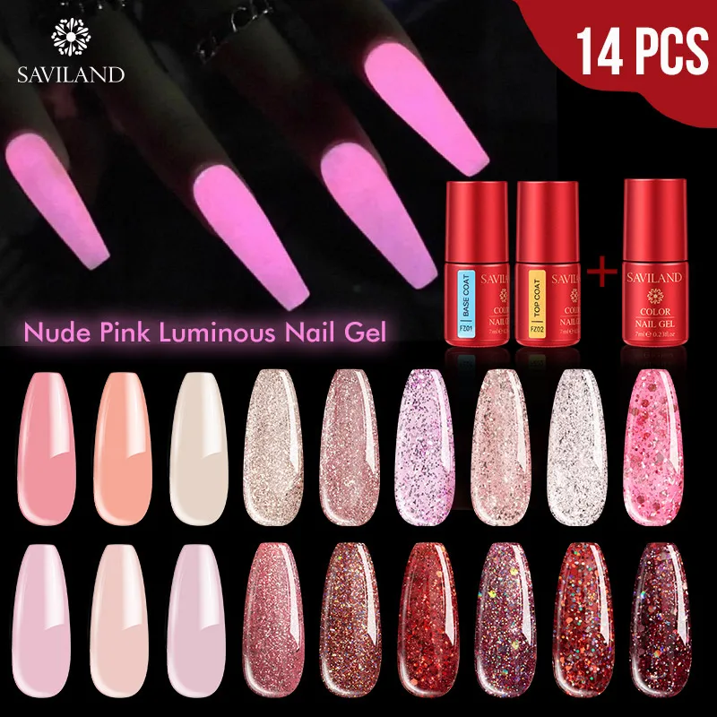

SAVILAND Nude Pink Luminous Red Diamond Star Nail Gel Set Starry Rose Shine In The Night Nail Art Kits