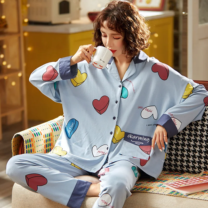 

Plus Size 3XL Cotton Version Nightgown Women Sleepwear Cartoon Pajamas Spring Fall Pyjamas Long Sleeve Lapel Loose THIN Nighty