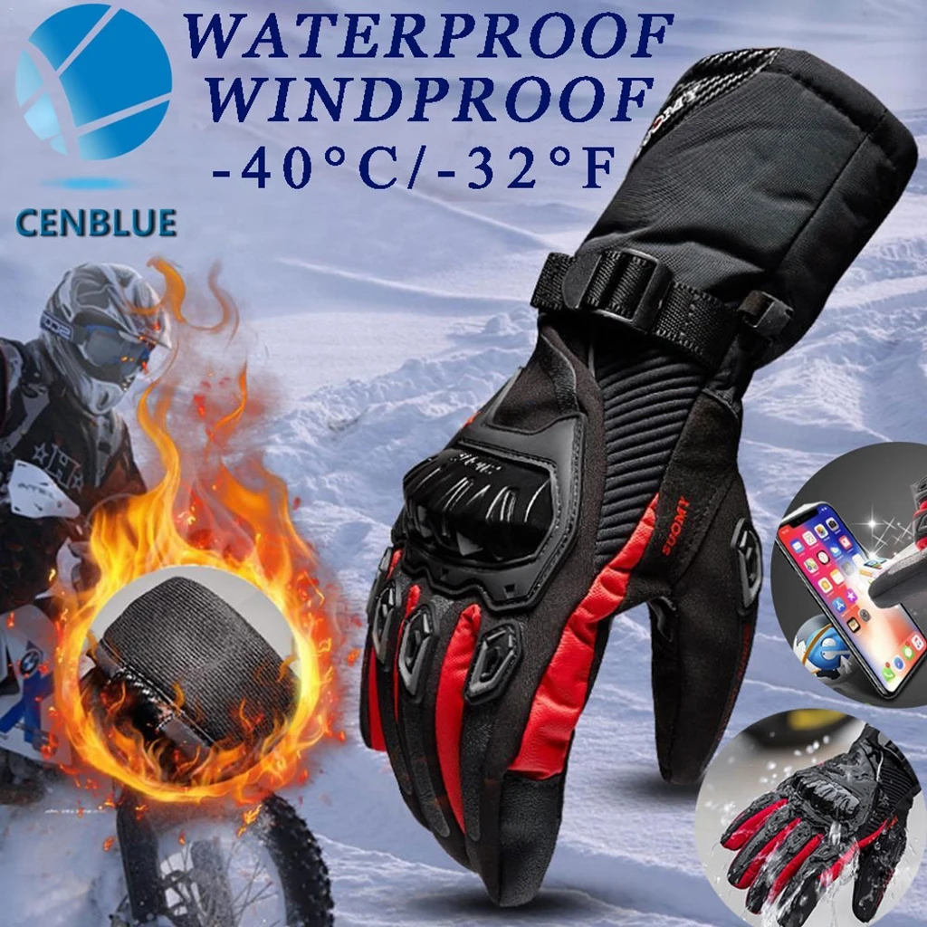 Motorcycle Gloves Winter Cold Proof Ski Glove - PU Leather Windproof Water-Resistant Hands Warm for Women and Men 