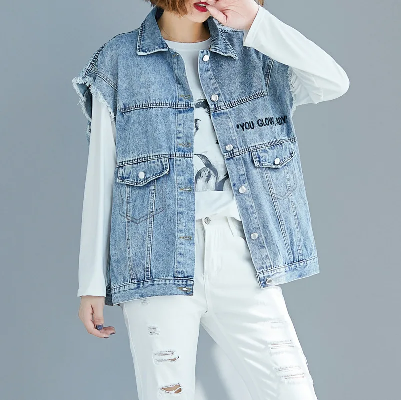 MEVGOHOT Woman Sleeveless Denim Embroidery Vest Plus Size Pockets Casual Loose Autumn Cartoon Embroideired Girl Vest HD2226