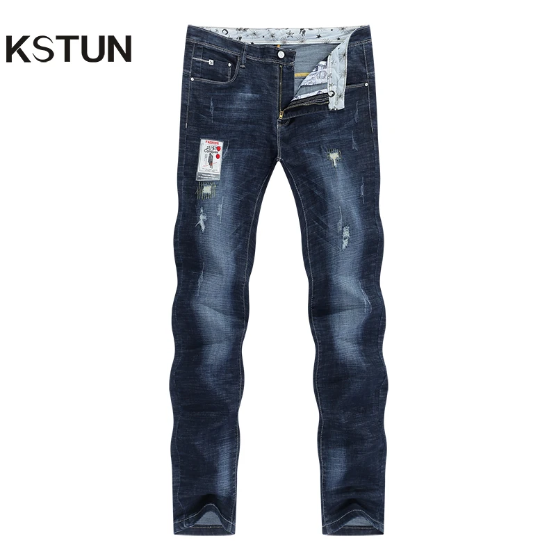 [review] Hot Item Men Jeans Patchwork Slim-Fit Stretch Ripped Dark-Blue ...