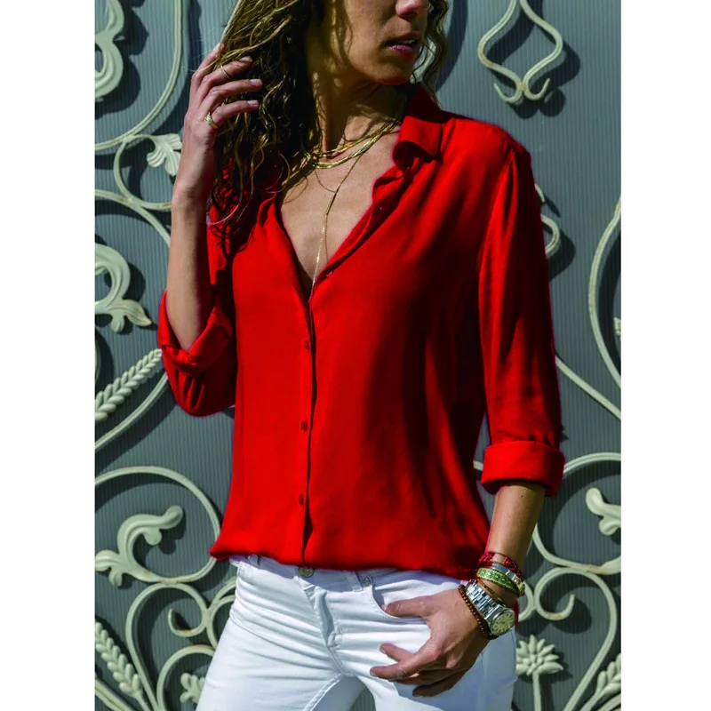 

Woman Sexy Deep V-Neck Chiffon Blouse Solid Long Sleeve Button Shirts Autumn Office Womens Tops and Blouses Blusas Top Plus Size
