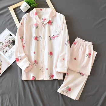 

Pajamas Set For Women 2 Pieces Spring Long Sleeve Cotton Double Gauze Pajamas Female Sleepwear Strawberry Print Home Service