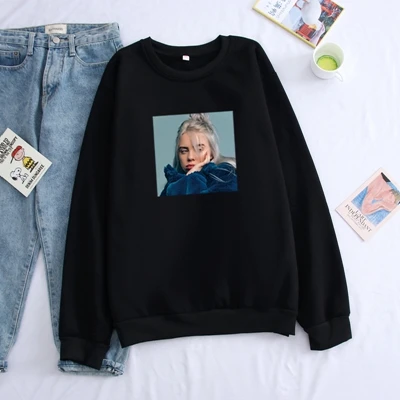 Черный Billie Eilish Свитшот без капюшона осенне-зимние толстовки с принтом Harajuku для мужчин/женщин толстовка с капюшоном Уличная пуловер Топы - Цвет: Черный