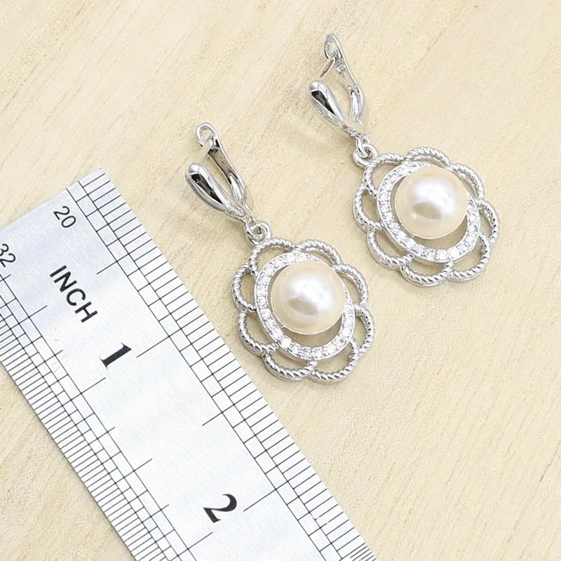 Белый и розовый жемчуг 925 серебряные свадебные комплекты украшений для женщин серьги подвеска из колец ожерелье День рождения Свадьба Подарок