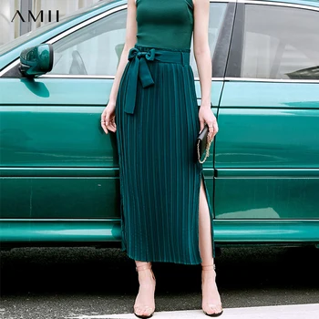 

Amii Minimalist Summer Pleated Skirt Women Elegant Solid High Waist Bandage Loose Female Casual Long Skirt 11940196