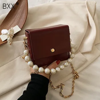 

[BXX] Simple Pearl Handle PU Leather Crossbody Bags For Women 2020 Summer Solid Color Shoulder Handbags and Purses Bag HN795