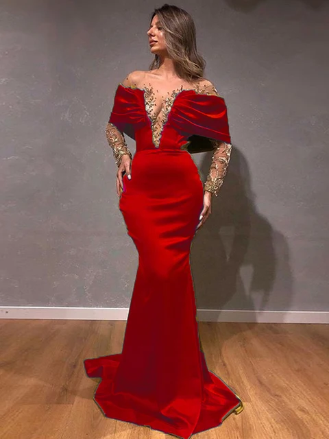 LORIE Elegant Mermaid Evening Dresses for Women Spandex Satin Beading Prom Party Gowns Long Sleeve Special Occasion Gowns 2021 4