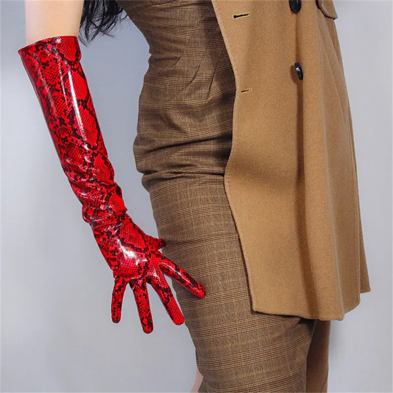 Snakeskin Extra Long Gloves 60cm Patent Leather Faux Leather PU Shine Leather Animal Pattern Python Red Female PU151 - Цвет: 50cm red