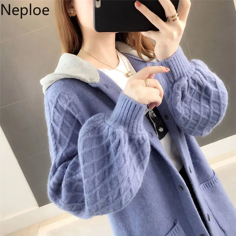 Neploe Autumn Winter Sweater Long Cardigan Women Long Sleeve Knitted Hooded Outwear Loose Pocket Sweaters Knitwear 55342