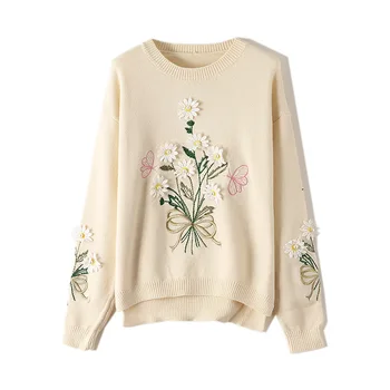 

Embroidery Sweater Women Pullover Jumper Korean Style Daisy Plant Pattern Sweaters Female Knitwear Short Bottom Knit Top