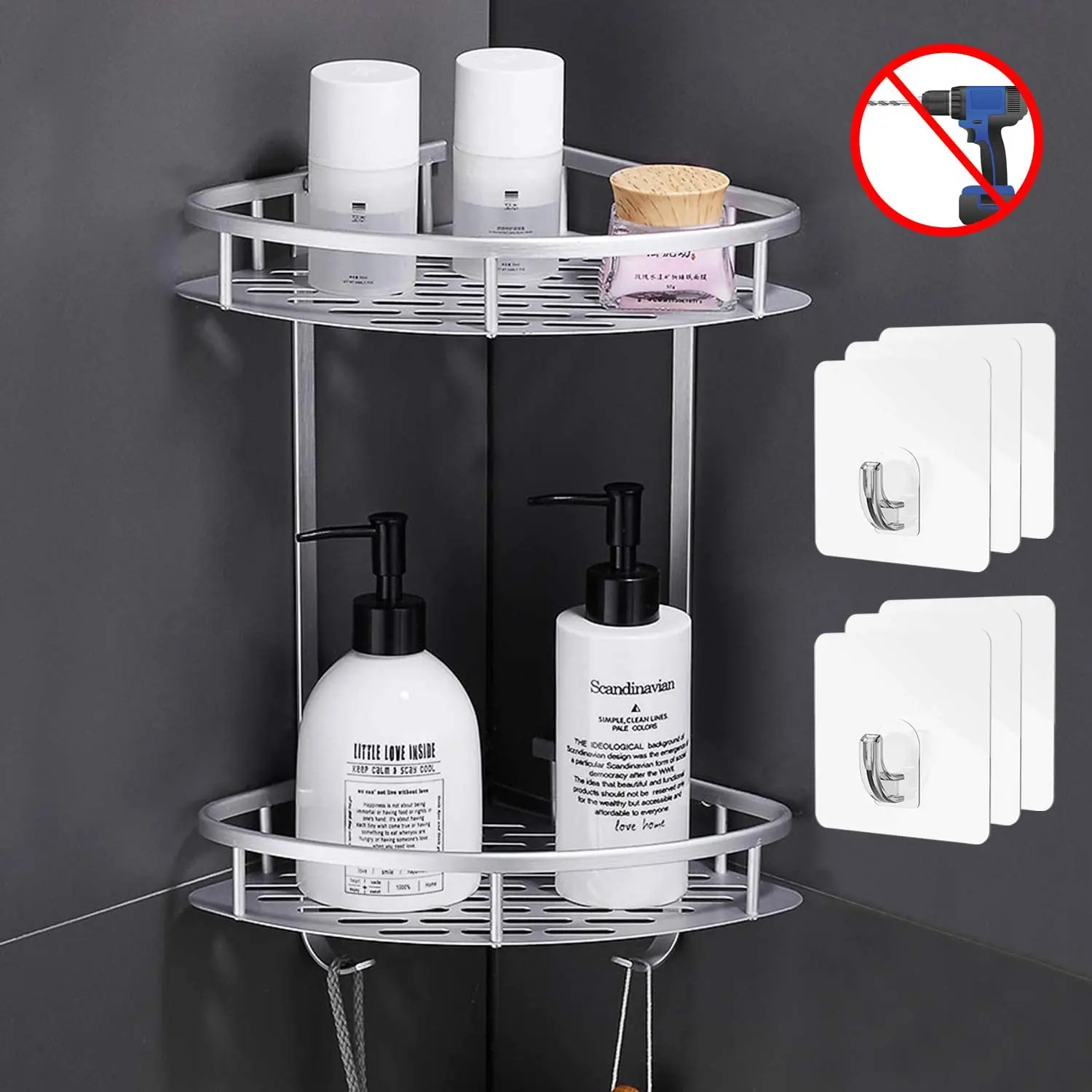 

2 Tiers Corner Shower Caddy, Shower Organizer, Wall Mounted Aluminum Shower Shelf with Adhesive(No Drilling), Storage Rack