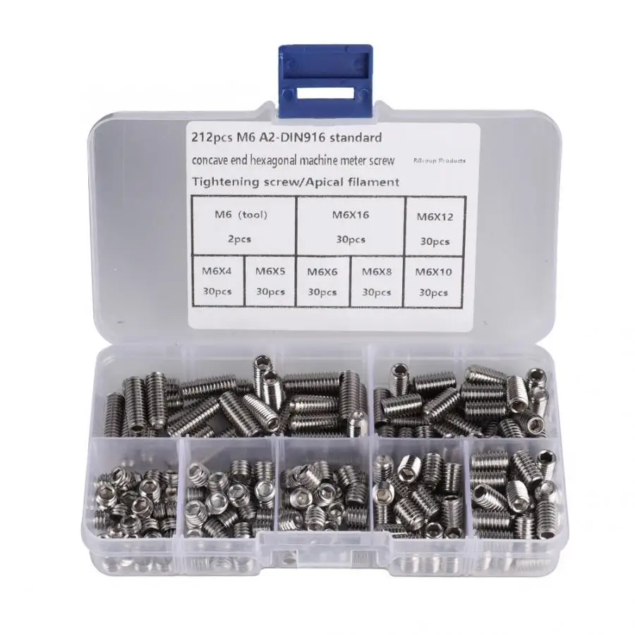 

212 Pcs Set Screw Stainless Steel Screws M6 A2-DIN916 304 Stainless Steel Hex Socket Concave End Tighten Screw Set Screw Nut