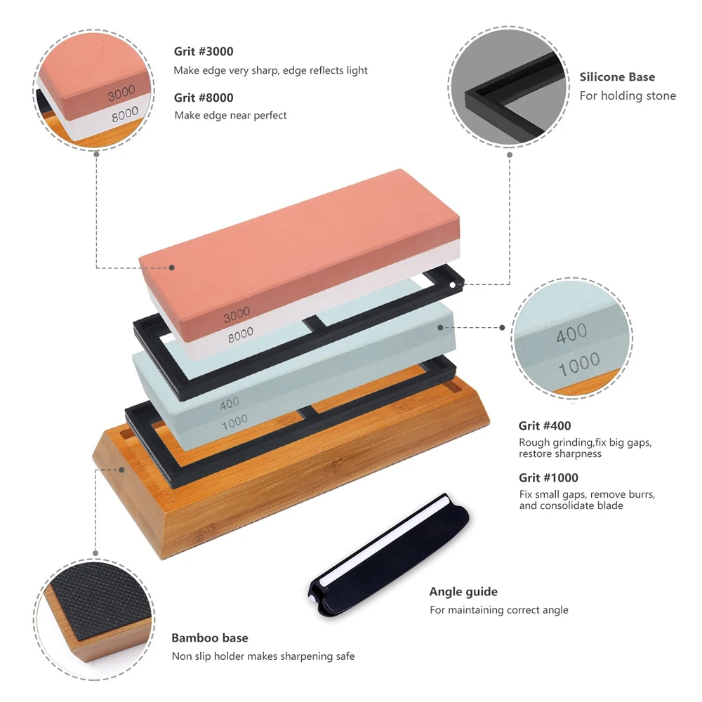 

Hot 400/1000 3000/8000 Grit Premium Whetstone Cut Sharpening Stone Set Ideal Sharpener for All Blades Non Slip Base Cutter Sharp