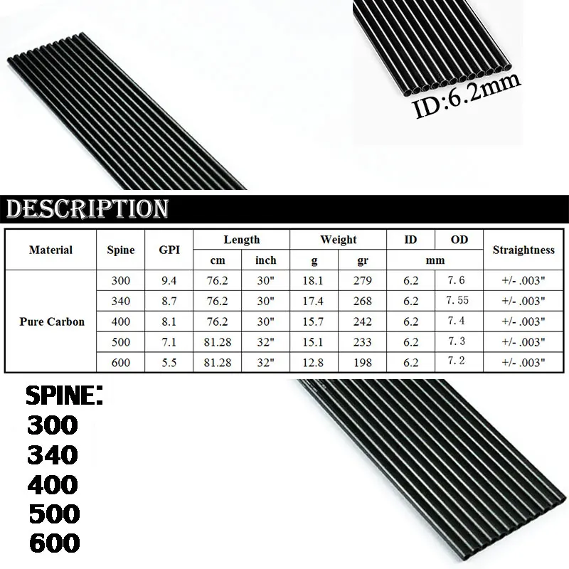 6/12/24 шт. высокое качество чистый углерод стрелка вал позвоночника 300 340 400 500 600 ID 6,2 мм OD 7,6 мм 3" 32" для рекурсивного лука арбалета