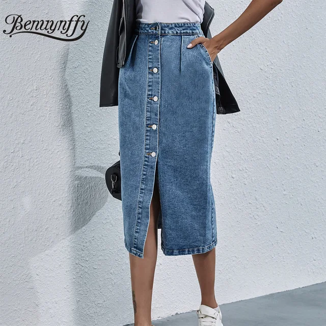 Benuynffy Knee-Length Denim Skirt