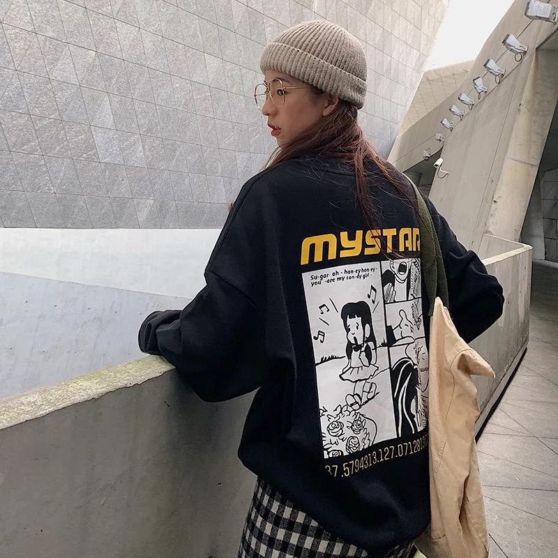 

Kpop Back Comic Print Sweatshirt Woman 2019 Thin Round Neck Casual Sweatshirt Fashion Black Hip Hop Pullover Women Loose Clothes