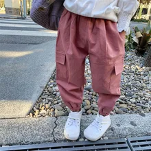 Демисезонные штаны-карго с карманами для малышей, повседневные длинные штаны для мальчиков и девочек, детские хлопковые брюки с эластичной резинкой на талии, 24 мес.-6 лет