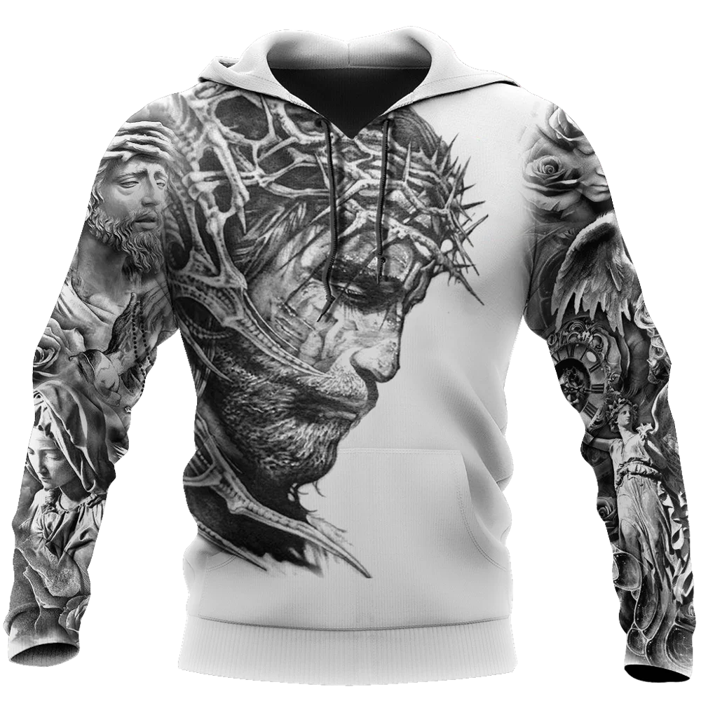 Brand Fashion Hoodie Jesus Tattoo 3D Printed Mens Zip Up Hoodie Harajuku Streetwear Unisex Casual Jacket Tracksuits KJ0155