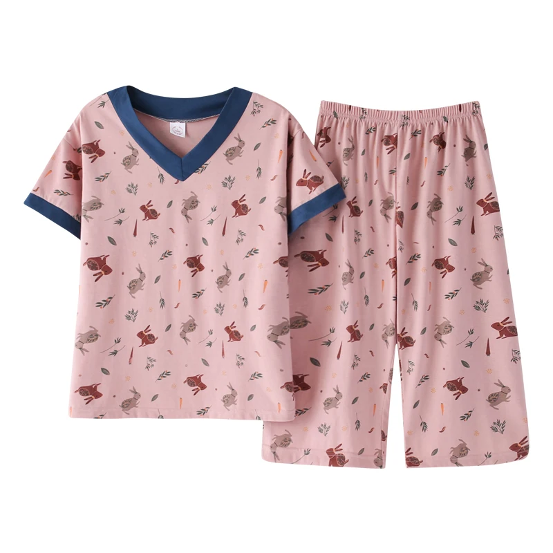 

Summer Knitted Cotton Women Pajamas Set Cartoon Pijamas Short Sleeve V-neck Casual Soft Sleepwear Loose 3XL Pyjamas