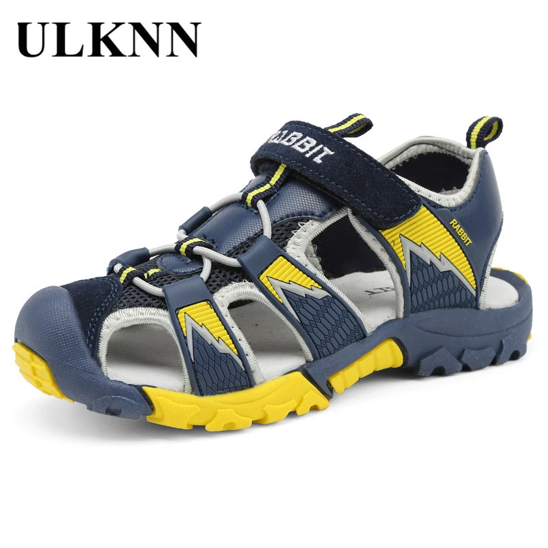 ULKNN Beach Sandals for Boys Summer Kids Shoes Suede Genuine Leather Close Toe Breathable Cut-outs Pig Leather Children Shoes