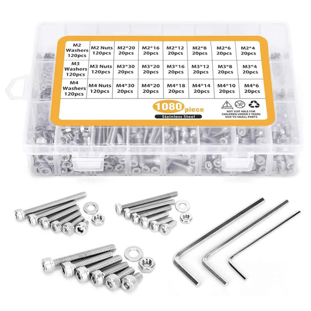 

1080Pcs/Box M2 M3 M4 304 Stainless Steel Cylinder Head Hexagon Socket Screw 12.9 Cup Head Hexagon Socket Nuts Combination Set