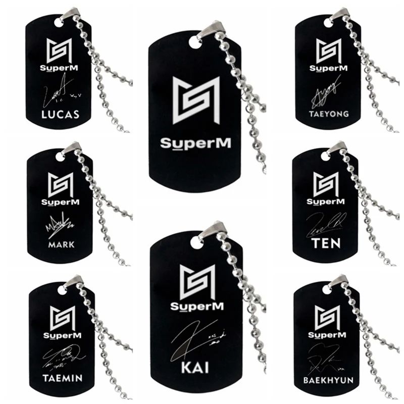 

K-pop SuperM BAEKHYUN KAI TAEMIN TAEYONG MARK LUCAS TEN Logo Name Stainless Steel Necklace Black Pendant Necklace Fan Collection