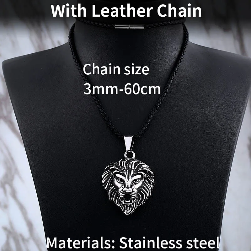 with leather chain Сталь солдат сила льва голова кулон ожерелье для мужчин Панк Байкер нержавеющая сталь мужские ювелирные изделия - Окраска металла: with leather chain