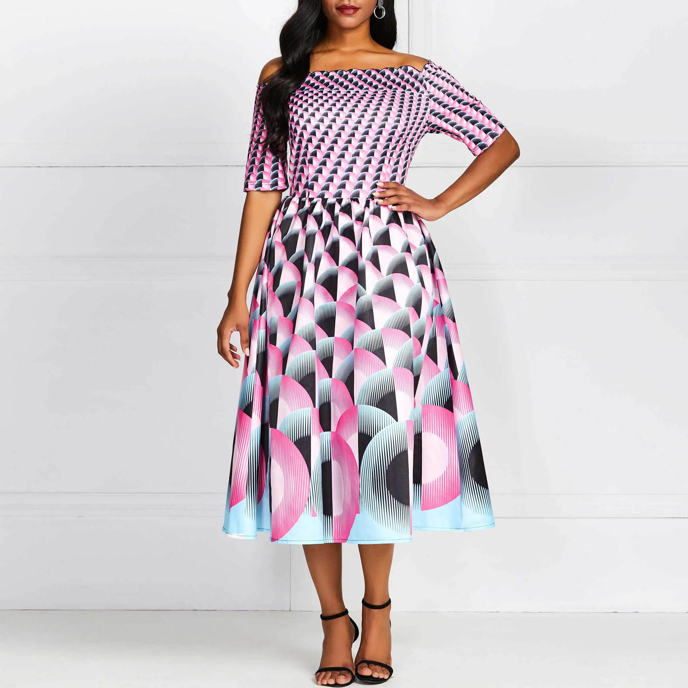 

Print Pullover Off Shoulder Short Sleeve Mid-Calf A-Line Summer Dress Purple Color Blocking Swing Office Casual midi Dress