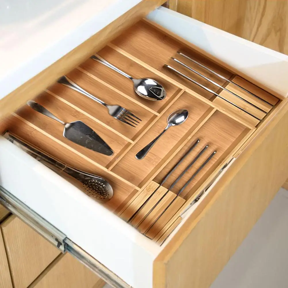 

Retractable Multi-Functional Bamboo Storage Box Cutlery Tray Bamboo Drawer Organizer