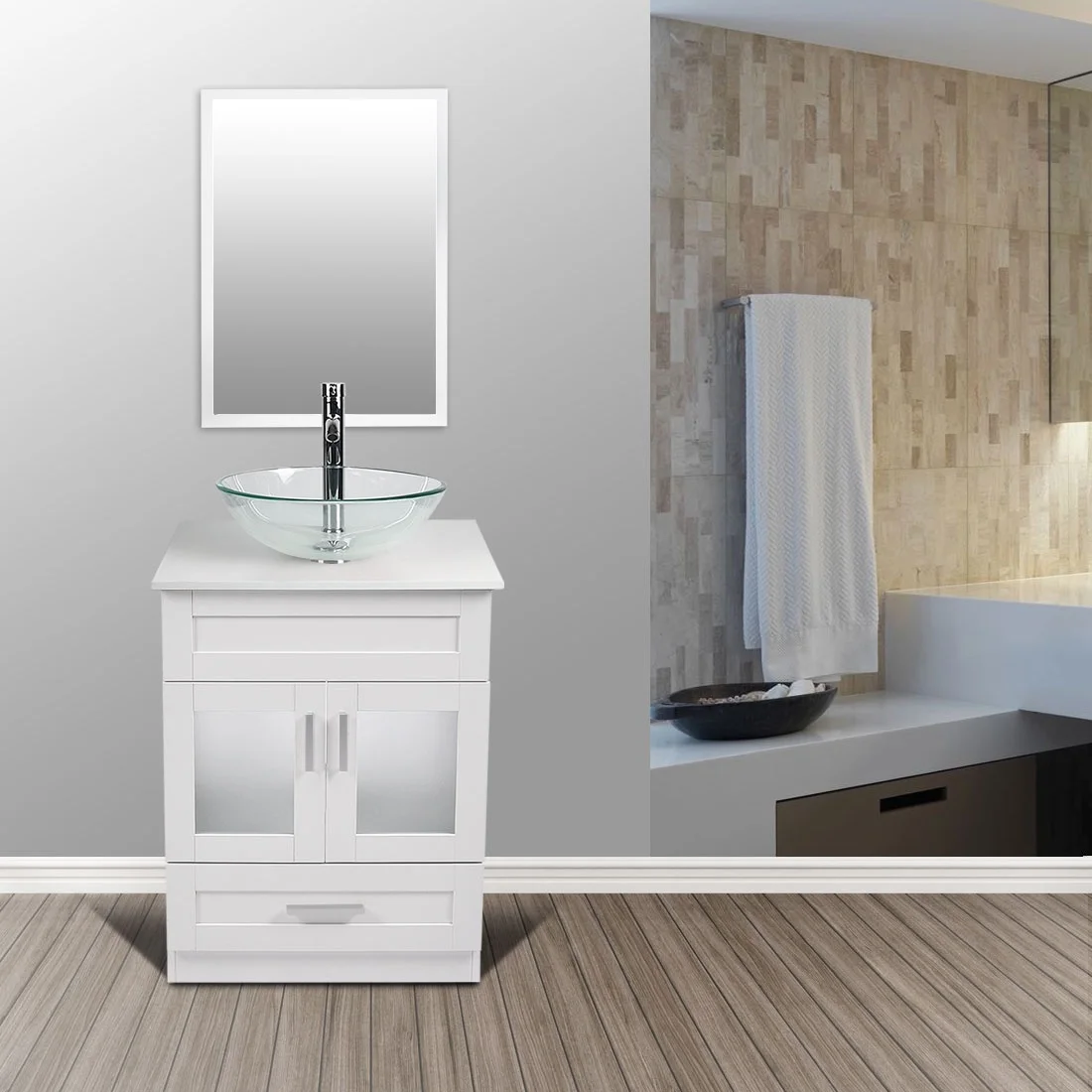 

24'' Bathroom Storage Vanity Cabinet Organizer Vessel Glass Sink Faucet Combo US