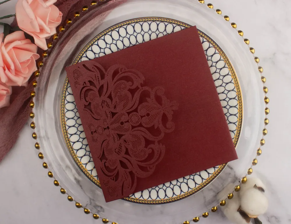 10pcs/lot pearl paper square pocketfold cards Laser Cut Wedding invitation Cards three folded Greeting cover for party supplies