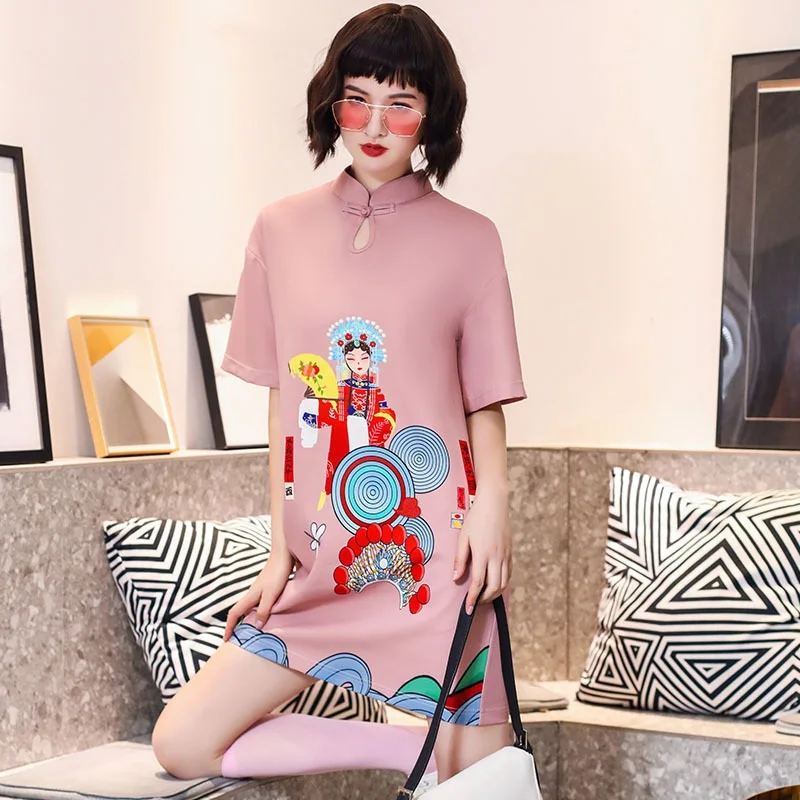 Лето 2020 новинка китайский традиционный Cheongsam милые мини-платья с принтом для
