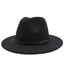 Seioum черный шерстяной войлок Джаз Fedora шапки со шнурками Пряжка декор для женщин унисекс Панама с широкими полями Трилби ковбойская Кепка Панама