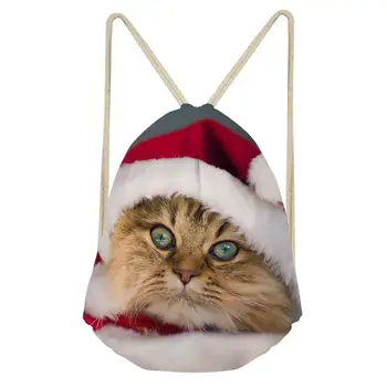 

FORUDESIGNS Women Backpack Drawstring Bag Merry Christmas Cat Print Custom Logo Softback Storage Casual Sack Beach Mochila 2019