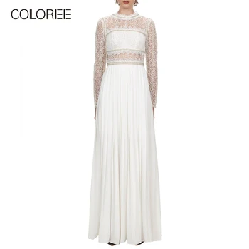 

COLOREE European Style 2019 Women Long Dress Autumn Winter Lace Patchwork See Through Maxi Dress Elegant White Pleated Dress