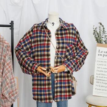 

Autumn Brushed Wool Plaid Women's Shirt Oversize Lapel Long Sleeve Button Pocket Female Shirts Vintage Ladies Camisas Mujer