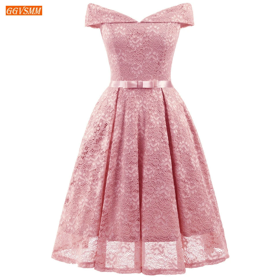 

Elegant Boho Lace Pink Prom Dresses Short Off Shoulder Girl Graduation Party Gowns Champagne Knee Length 2020 Cheap Formal Dress