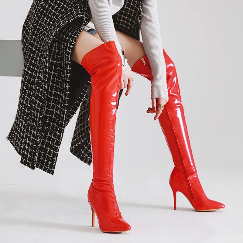 

Women Boots Patent Leather Pointy Toe Punk High Thin with Heels Over The Knee Long Boots Autumn Winter ZipCasual Party Shoes