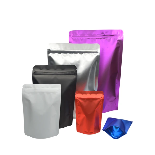 Pochettes colorées en aluminium à fermeture éclair, 100 pièces, pochettes sur pied en aluminium, stockage des aliments, sacs à fermeture éclair, livraison gratuite 2