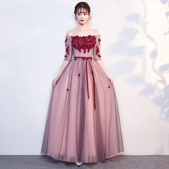 

2020 New Women Red Lace Up Evening Party Dress Sexy Maxi Dress Slash Neck Cheongsam Off Shoulder Embroidery Floral Qipao
