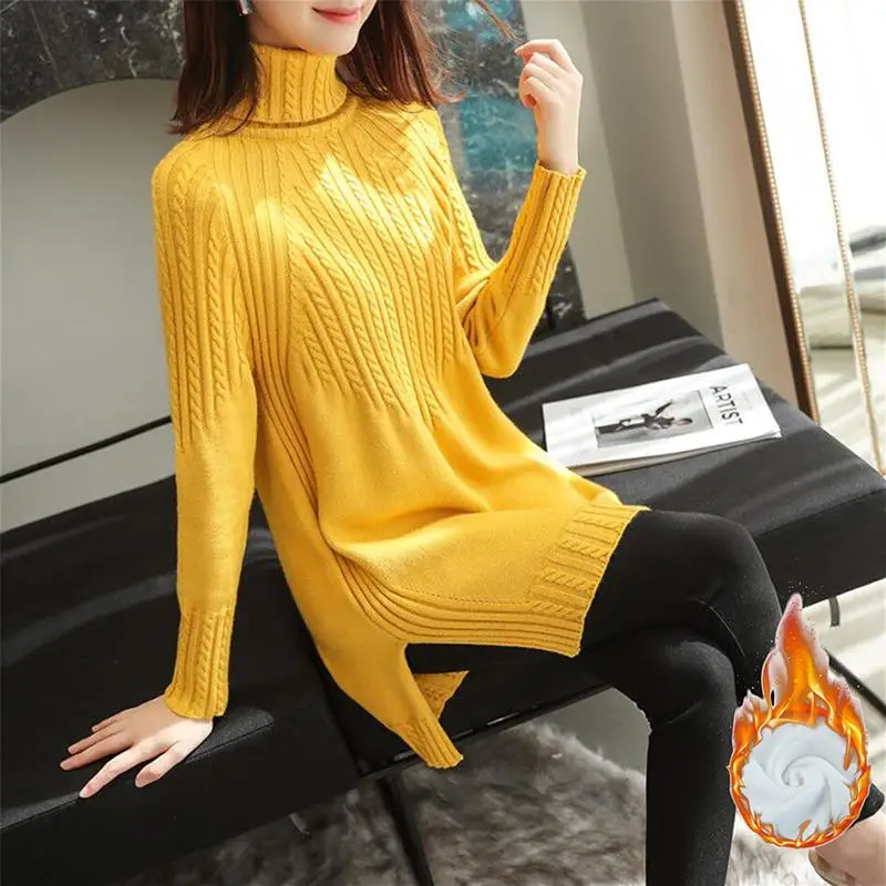 yellow plus velvet Женский свитер с высоким воротом, Осень-зима, вельветовый вязаный свитер с длинным рукавом, женские повседневные толстые теплые пуловеры, новые Джемперы H80 - Цвет: yellow plus velvet