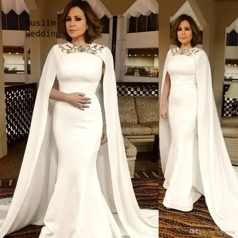 

Cheap Arabic Dubai Evening Dress With Cape Ivory Mermaid Kaftan Abaya Evening Formal Dress Satin Applique Long Party Gowns 2020