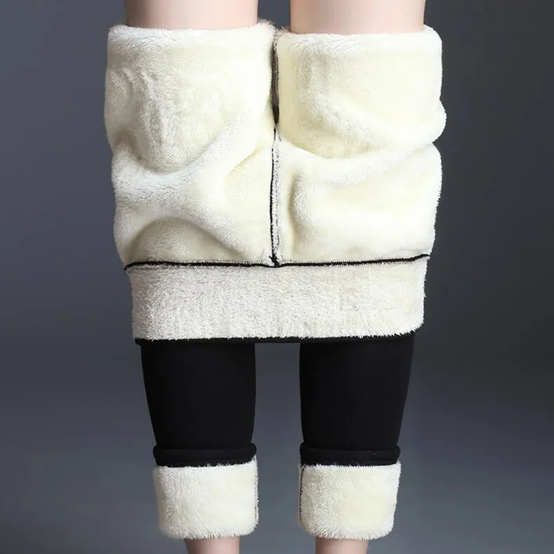 Black Warm Pants Women Winter Thick Velvet High Waist Stretch Skinny Lambskin Cashmere Pants Casual Wool FleeceTrousers Leggings