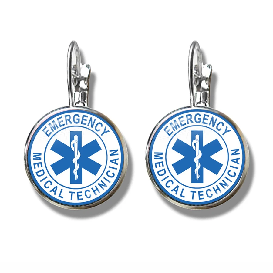 Emergency Medical Technician Paramedic Symbol Logo French Hook Earrings 16mm Glass Cabochon Blue Star of Life EMT Sign Jewelry | Украшения